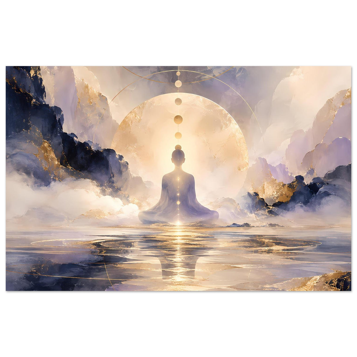 Breites Poster mit Meditationsfigur, goldenem Lichtbogen über Landschaft mit Wolken