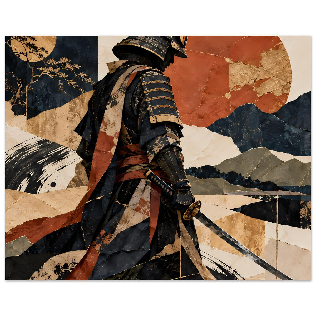 Poster im Querformat: Samuraisilhouette mit Schwert, schwarze Rüstung, erdige Berge und Kreise.