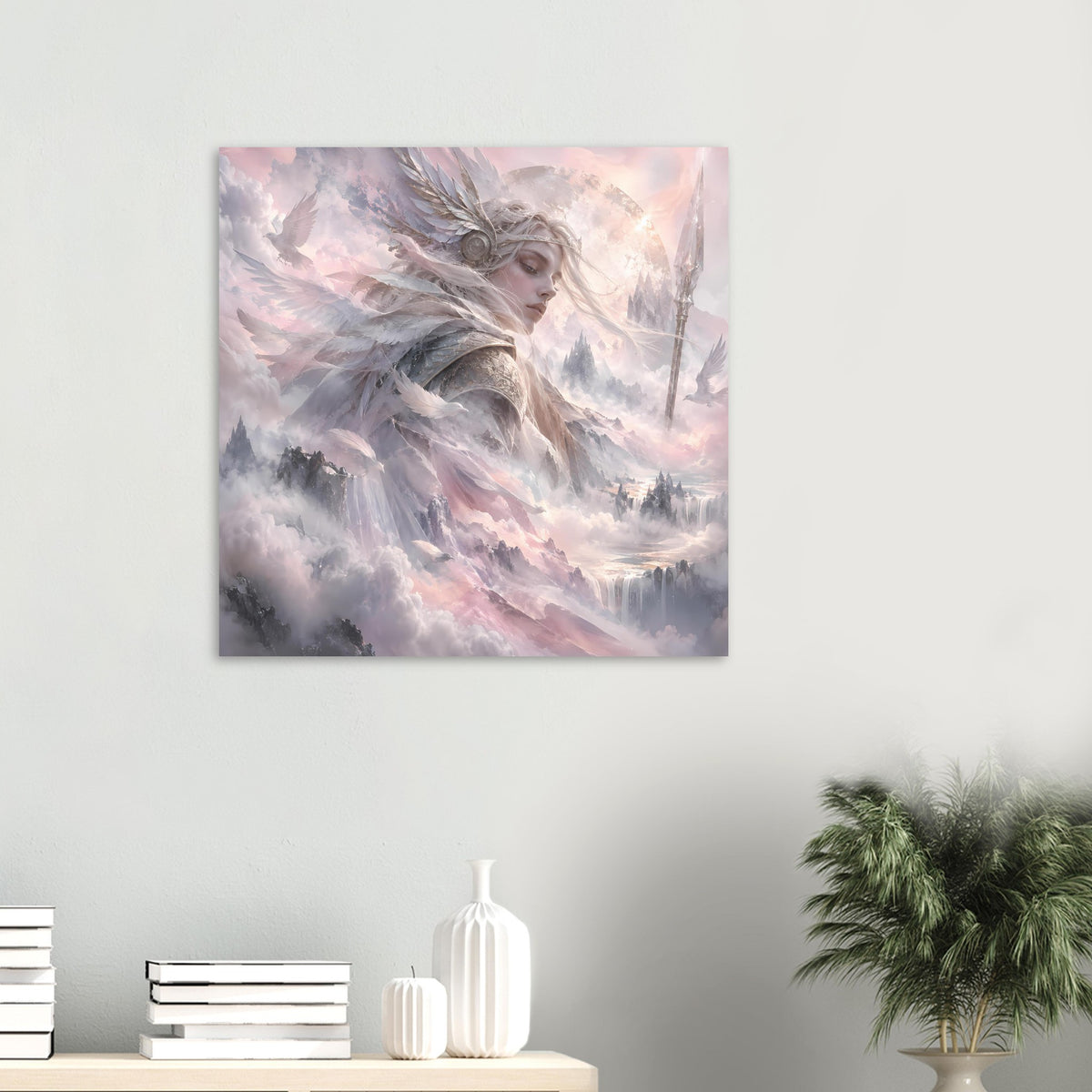 Nordisches Fantasy-Poster im Kleinformat: Walküre mit Flügeln, Federhelm und Speer