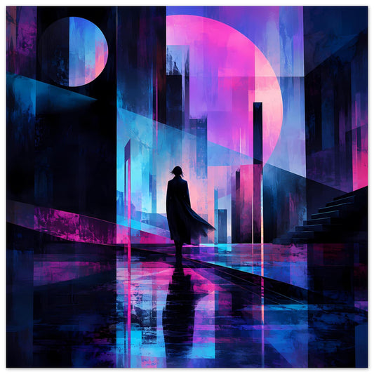 Neon-Stadtposter mit Frauensilhouette, blau-pinken Lichtstreifen und rundem Portal im Hintergrund.