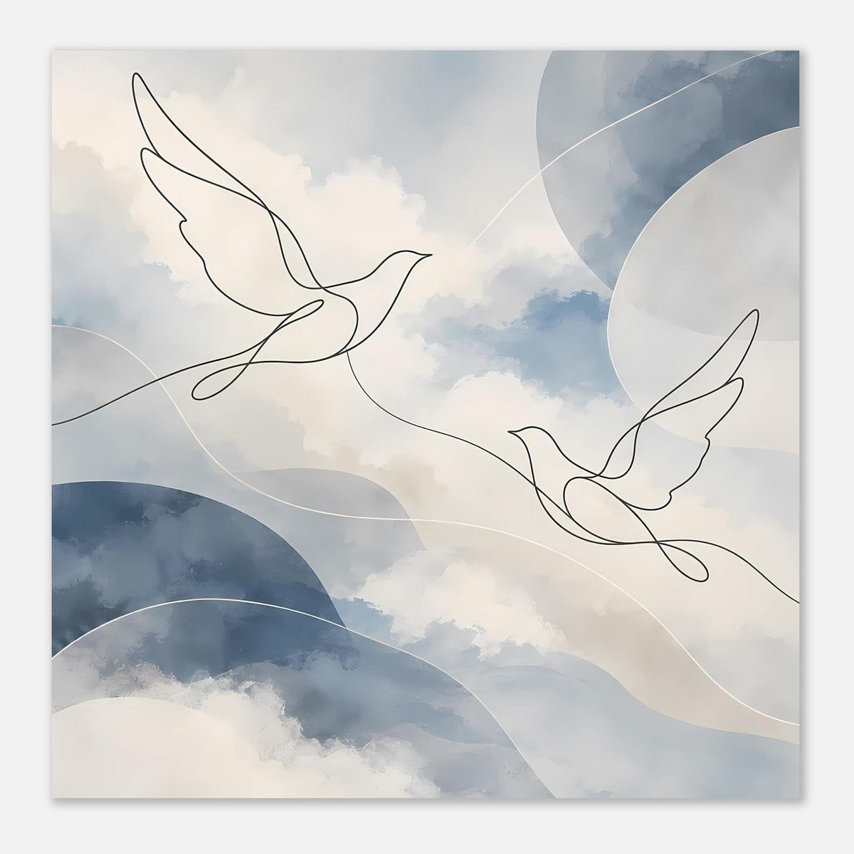 Kunstdruck im Querformat mit Taubenlinien, Blau-Grau-Wolken und hellen Bögen