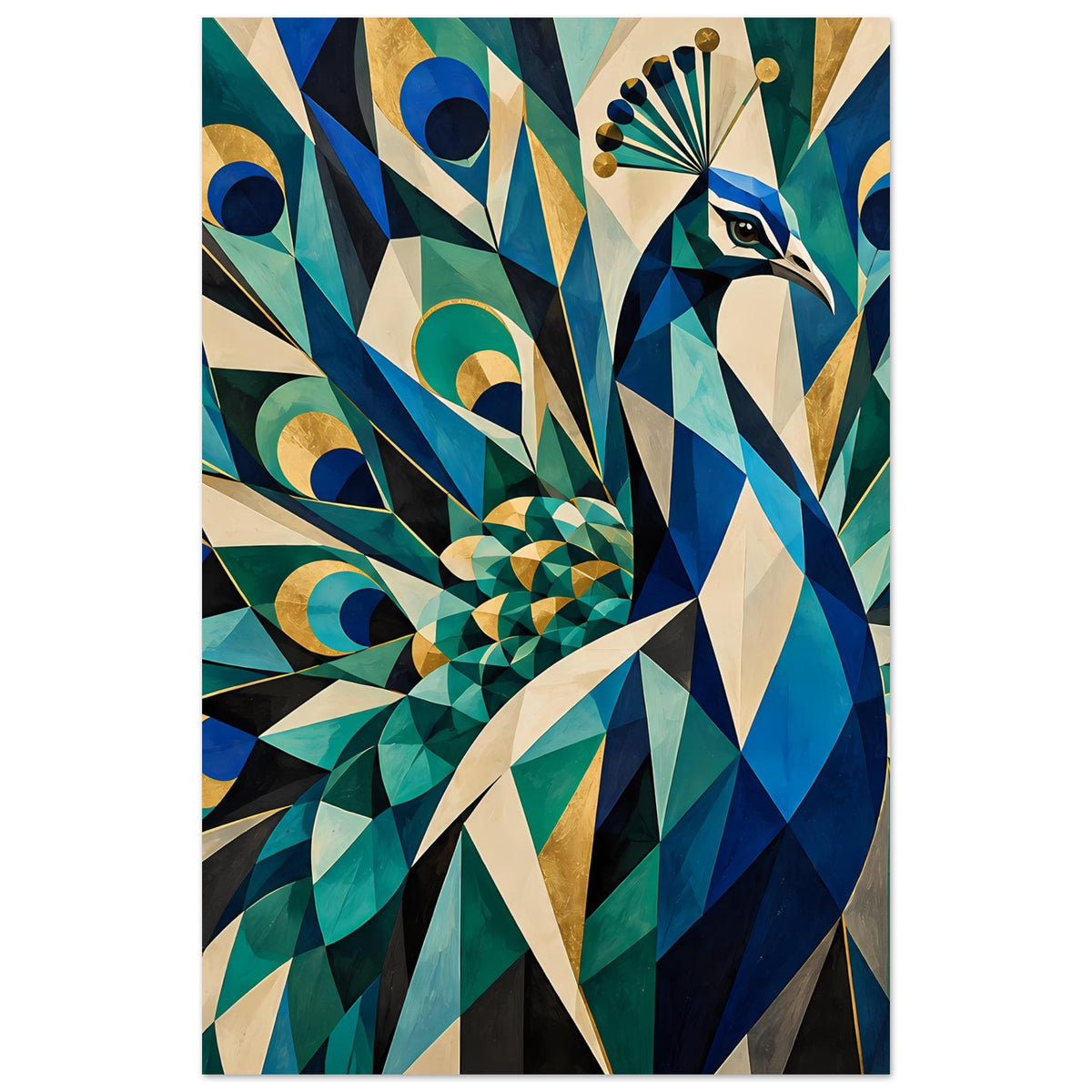 Pfauen-Poster im geometrischen Stil: blauer Vogel mit goldener Federstruktur