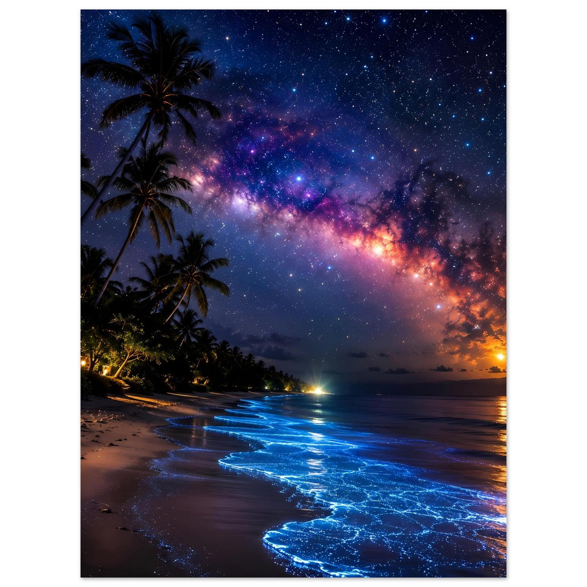 Poster Strand bei Nacht mit Sternenhimmel, Palmen und blau leuchtender Flutwelle