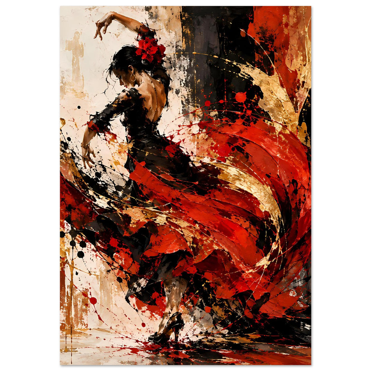 Flamenco-Feuerposter im Hochformat mit Tänzerin in Schwarz und roten, abstrakten Farbwirbeln