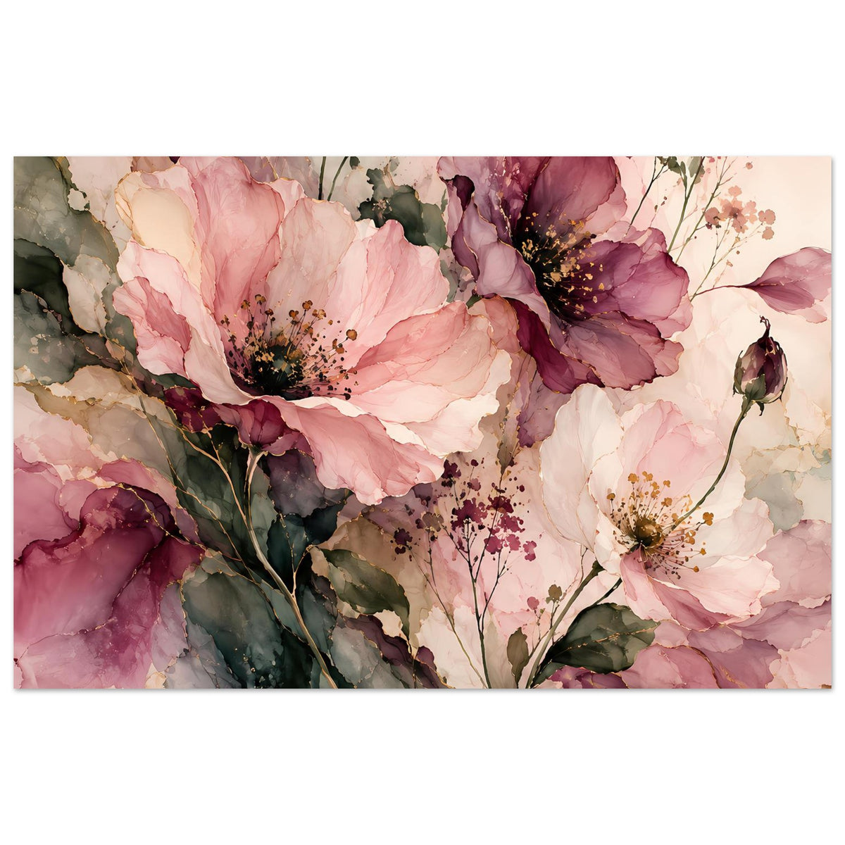 Blumenposter, querformatig: Aquarellblüten in Rosa und Burgunderrot mit grünen Blättern