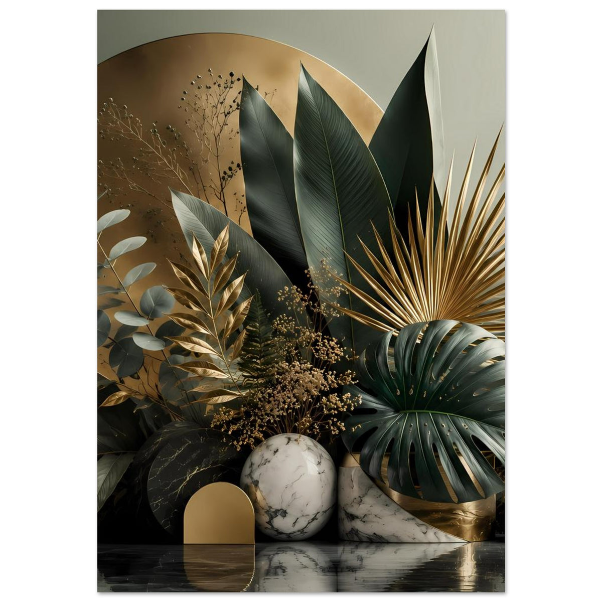 Botanisches Poster im Hochformat mit tropischen Blättern, Goldbogen, Marmorsockel und Kugel