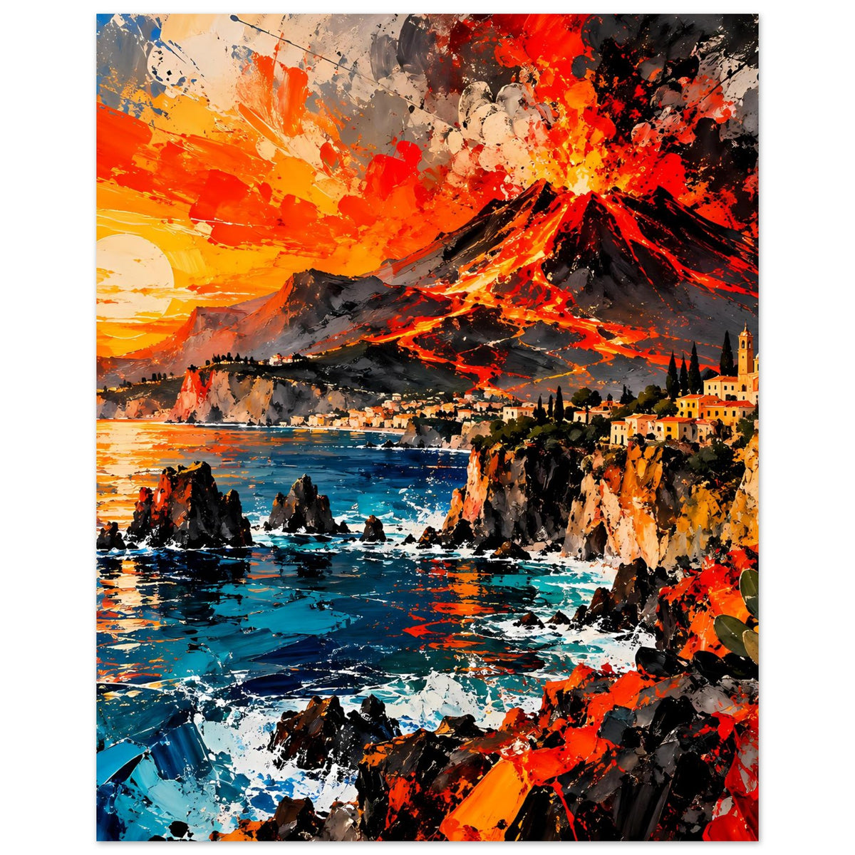 Poster im Hochformat: Vulkaneruption in Orange und Rot über Wasser, Felsen und Küste