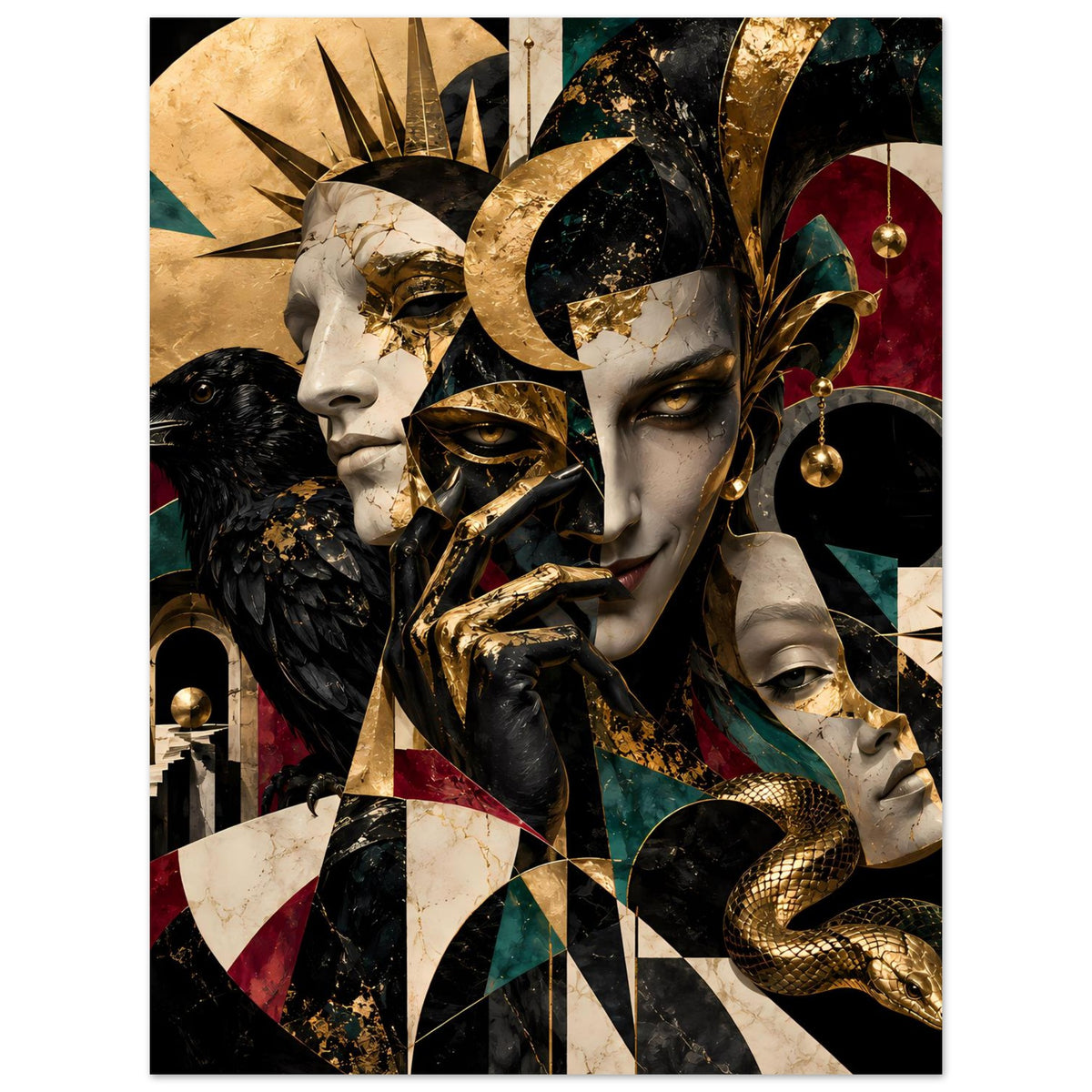 Kunstposter mit Maskengesichtern, schwarzer Krähe und goldenen Akzenten auf dunklem Grund