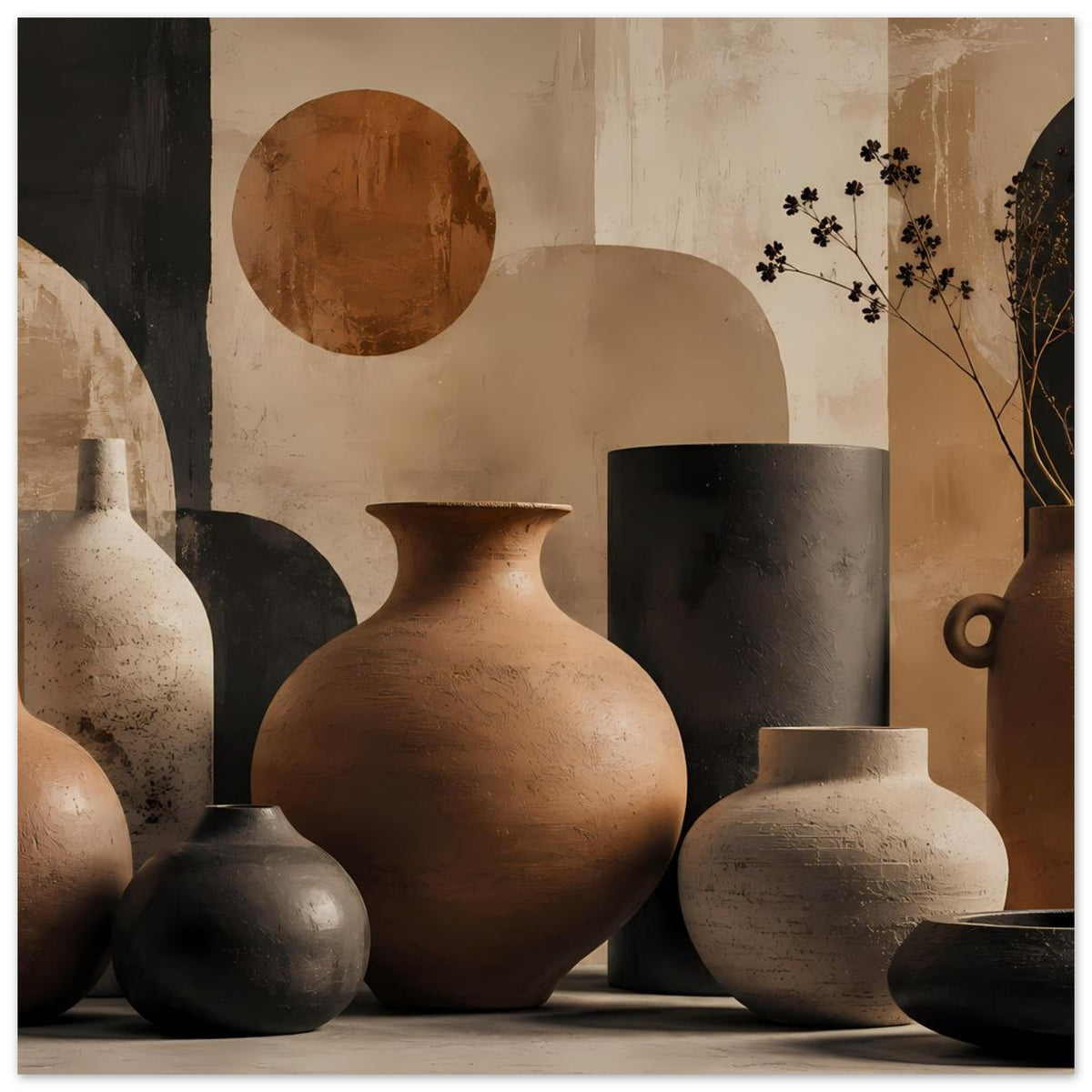 Poster mit Keramikvasen in Terrakotta, Beige und dunklem Grau, Boho-Stillleben.
