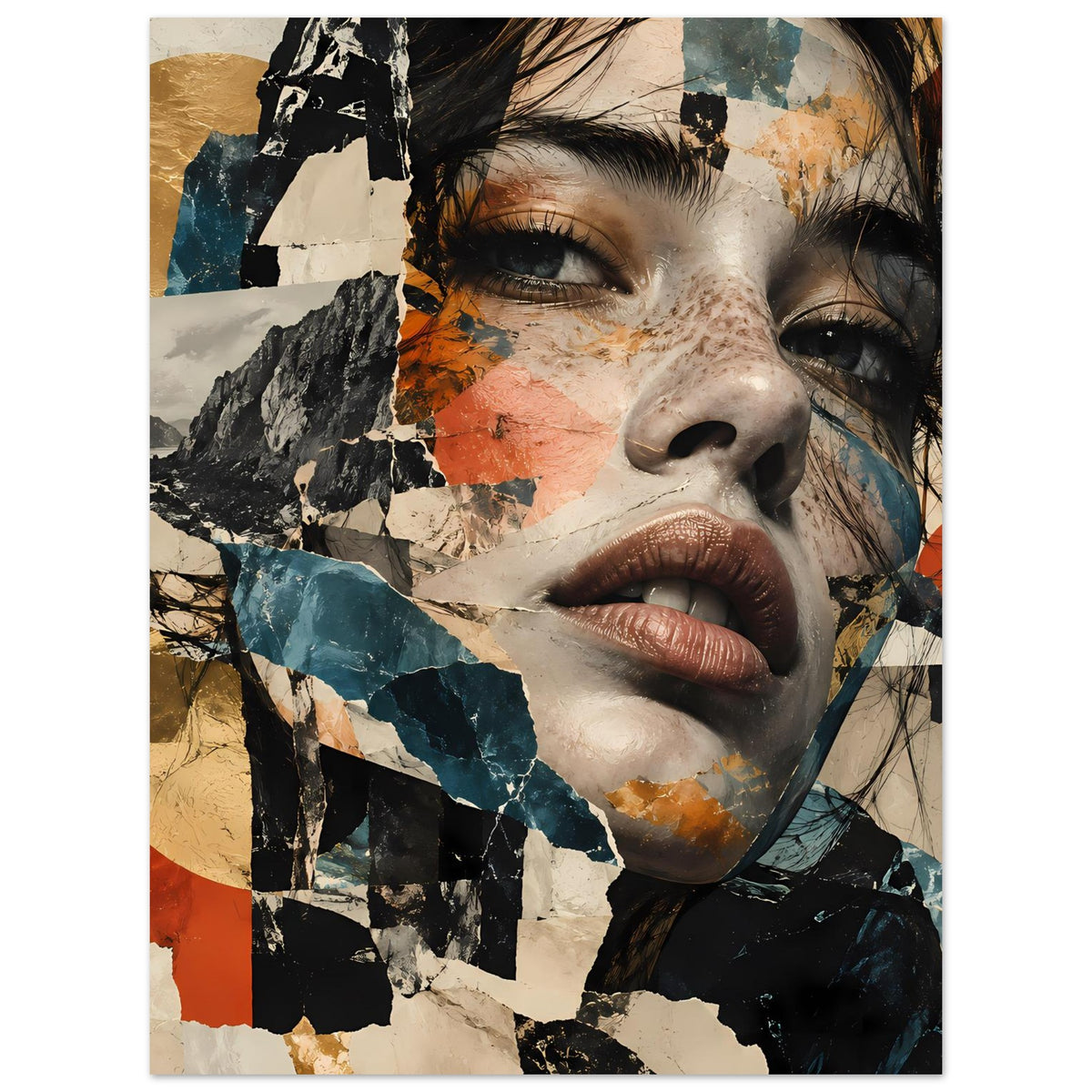Abstraktes Collage-Porträtposter mit Frauenkopf, Blau, Terrakotta und cremefarbenen Flächen