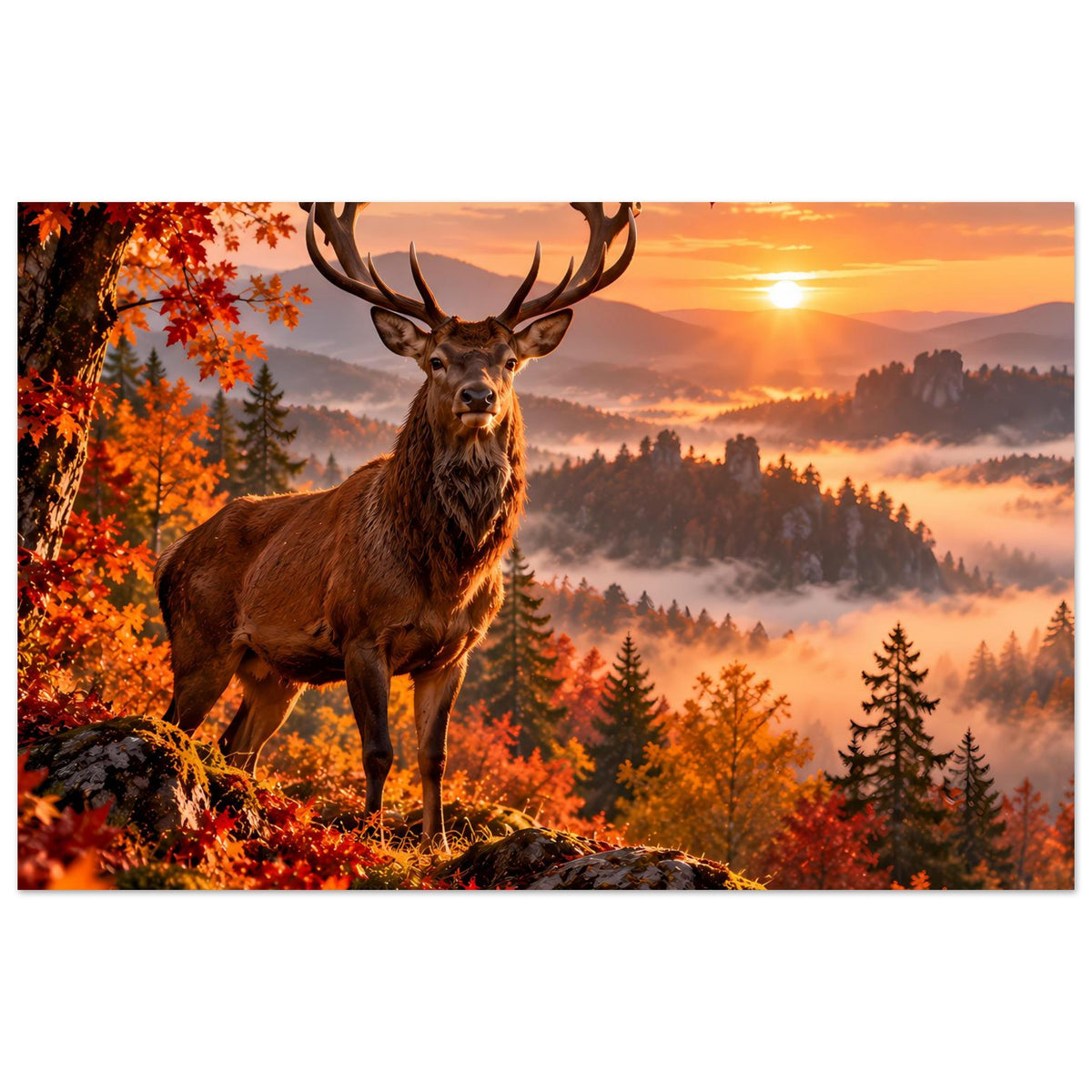 Herbstliches Hirschposter mit Geweih, Sonnenuntergang und orangefarbenen Blättern im Wald