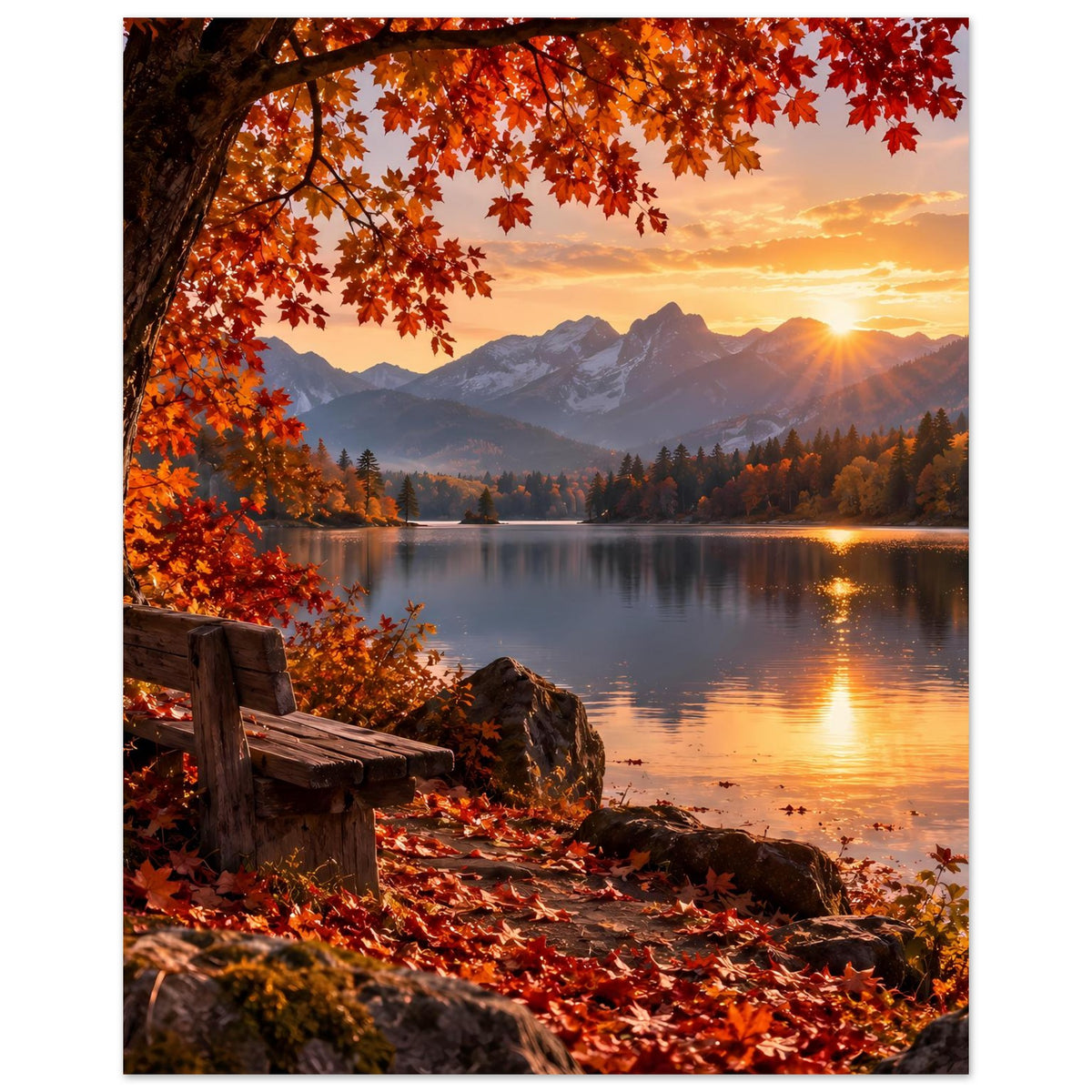 Poster mit Herbstlandschaft: Uferbank aus Holz, rote Blätter und Sonnenstrahl am Horizont
