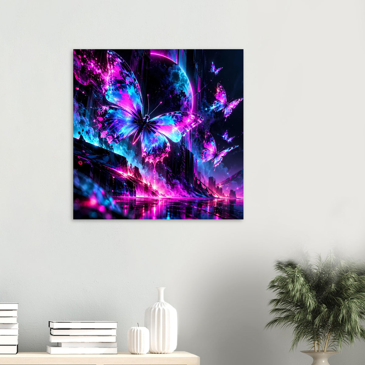 Neon-Schmetterlings-Poster (quadratisch) mit zentralem Schmetterling und bunten Lichteffekten