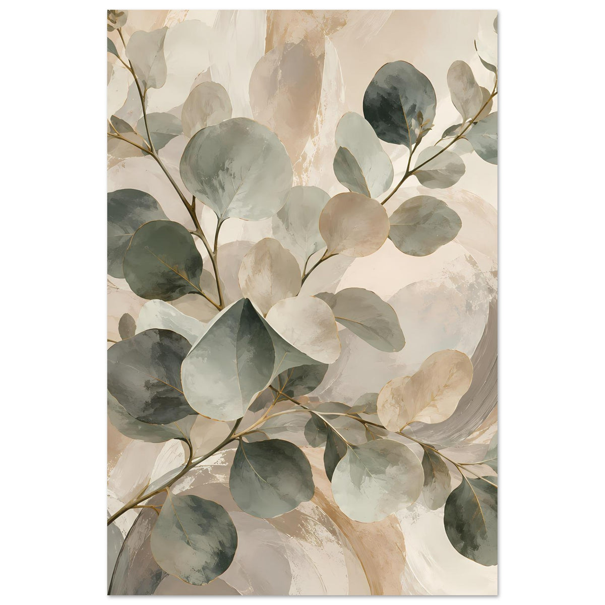 Botanisches Poster mit Aquarellblättern in Salbeigrün und Beige, vertikal