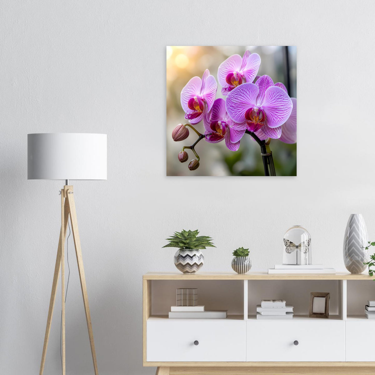 Orchideen-Poster mit pink-violetten Orchideenblüten auf einem dunklen Stiel