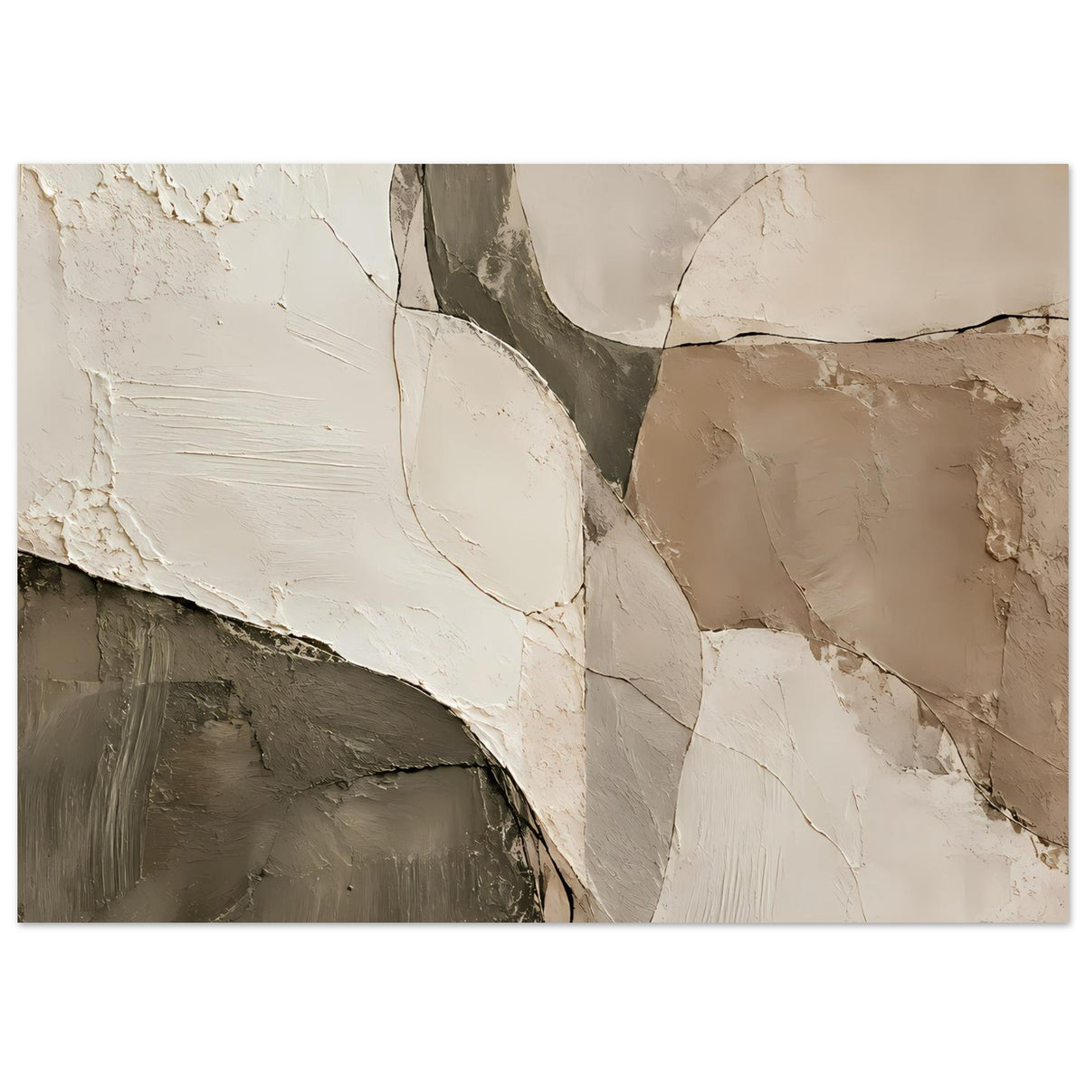 Abstraktes Kunst-Poster: großformatige Flächen in Creme, Beige und Dunkelgrau mit Rissen