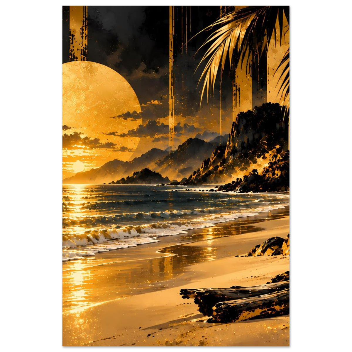 Kunstposter mit Sonnenuntergang am Meer, goldenes Licht, Berge im Hintergrund