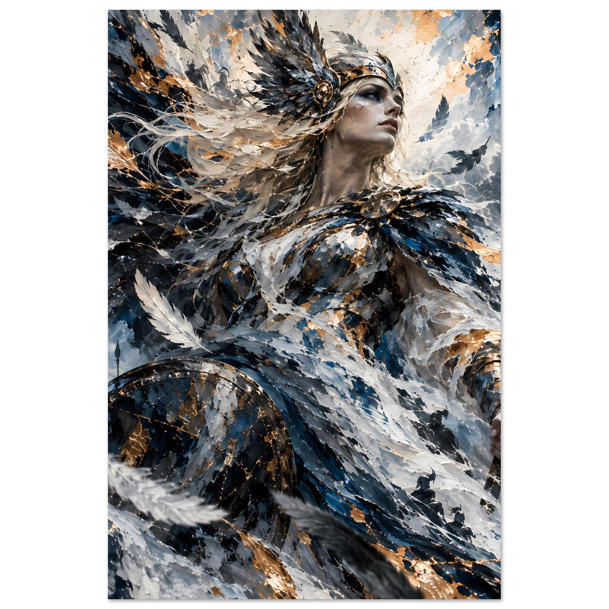 Kunstposter im Hochformat: Valkyrie-Kriegerin mit Schwert, blau-grau