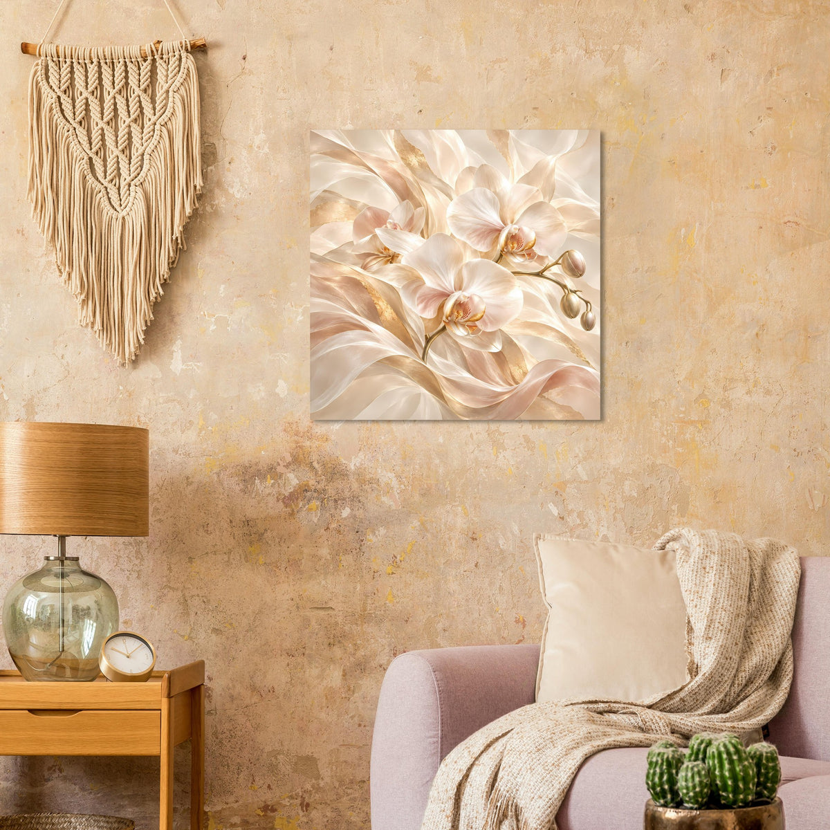 Orchideenposter mit zarten Orchideenblüten in Creme und Gold, quadratisch