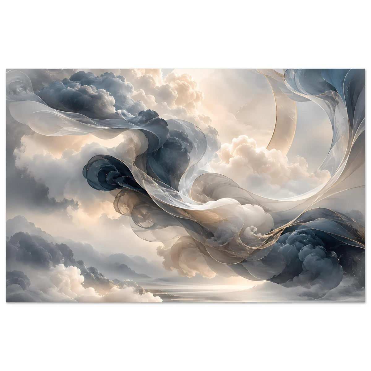 Abstraktes Himmelsposter mit Wolken und Strudeln in Blau-Grau, Querformat