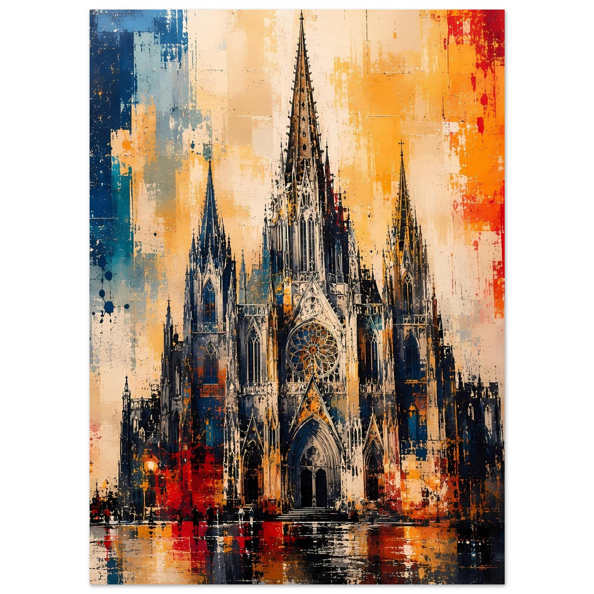 Gotisches Kathedralen-Poster, kontrastreicher mehrfarbiger Druck mit Turm und gotischem Eingang.