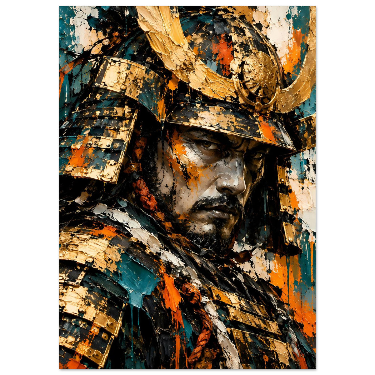 Samurai-Krieger Poster, zentriertes Porträt mit Helm und Bart, Gold- und Orangefarben