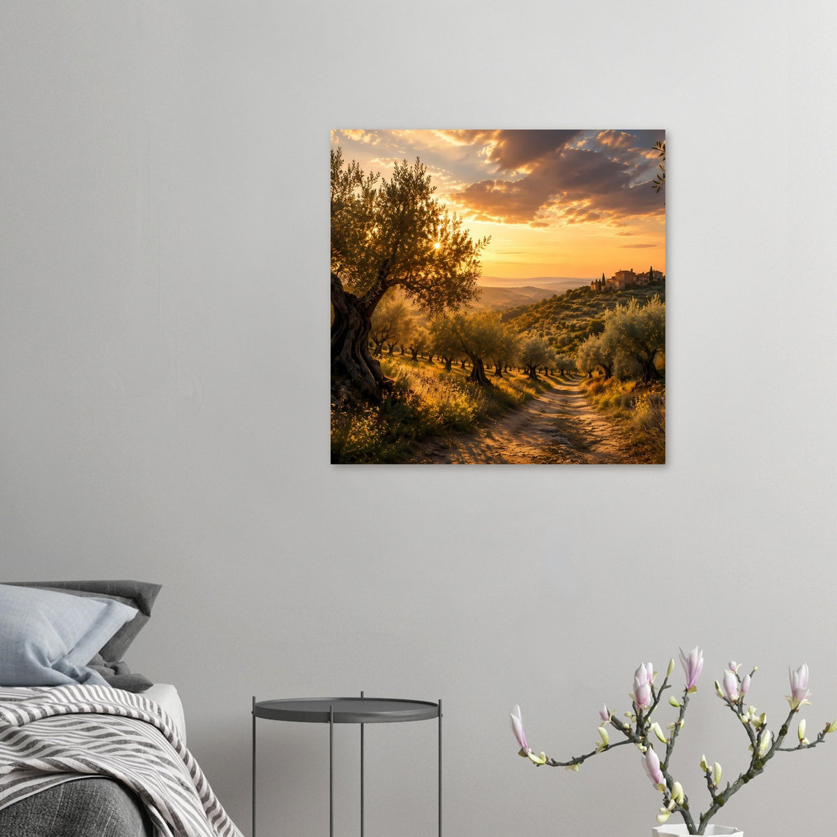 Kleines Poster mit Olivenhain und Feldweg im Sonnenuntergang