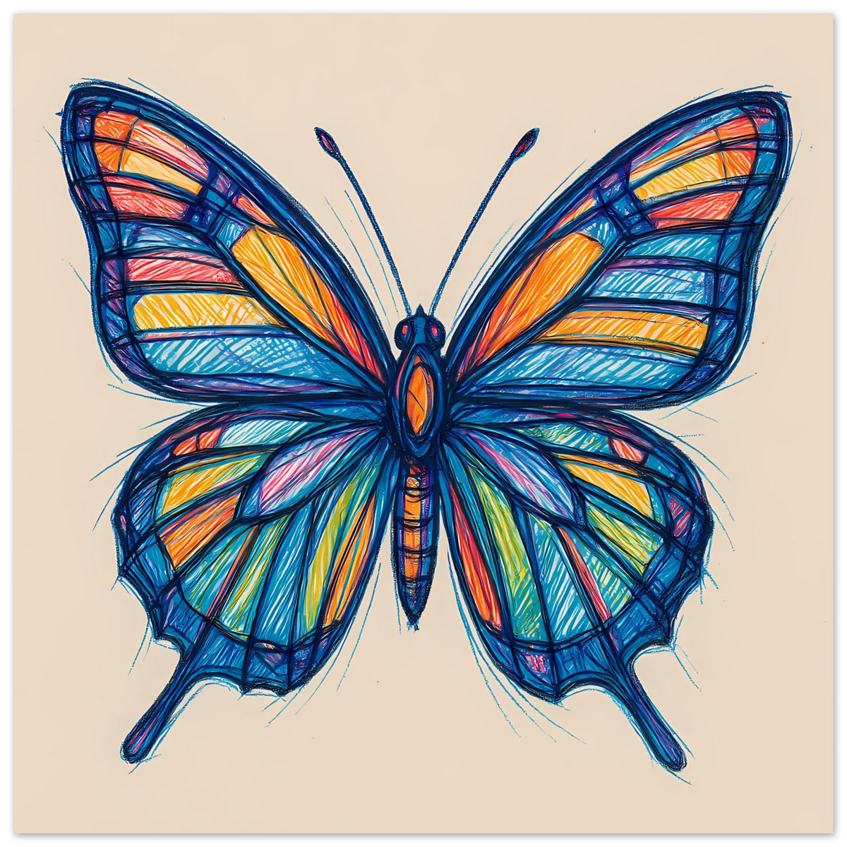 Schmetterlingsposter mit Detailzeichnung von Flügeln und Körper, blau dominiert, horizontal