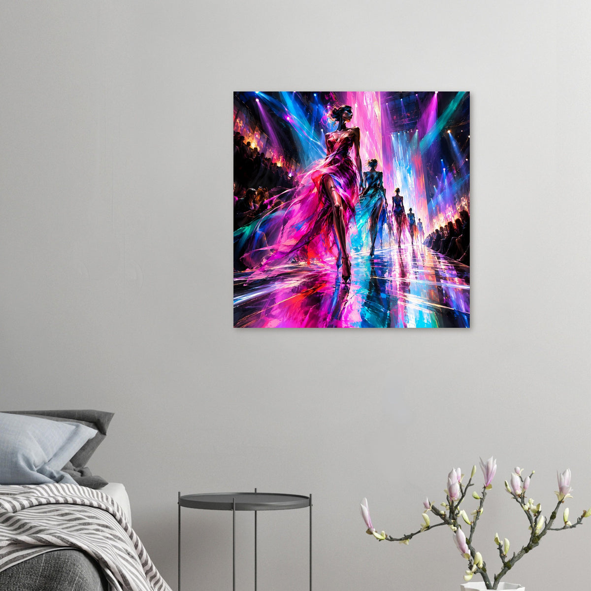 Kleines Mode-Poster im Querformat: Laufstegszene mit Figur im Kleid und Neonfarben