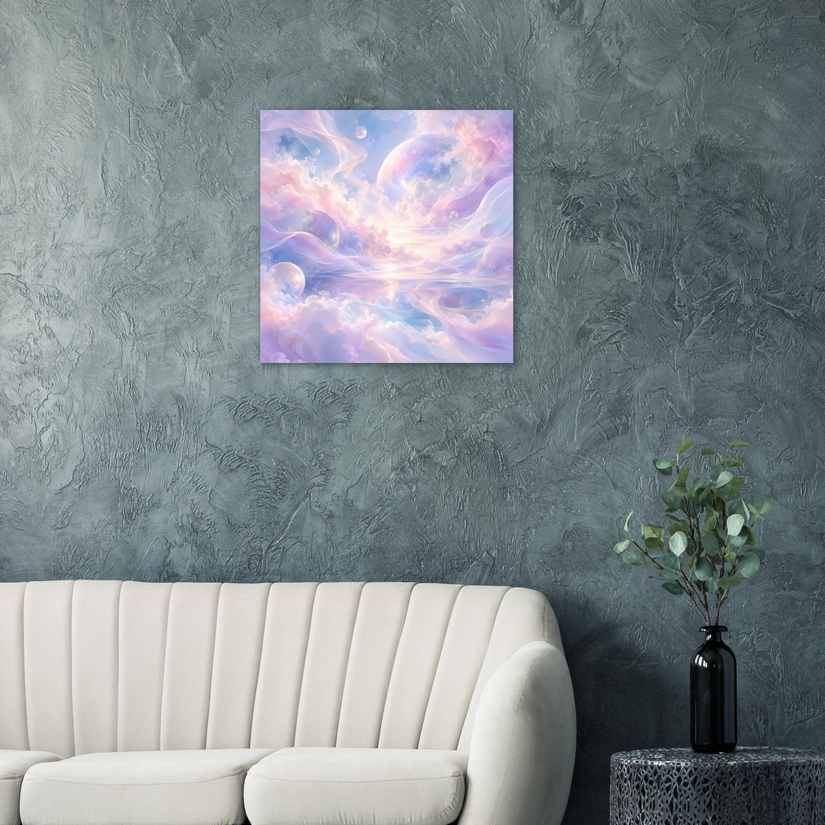 Quadratisches Poster mit pastellfarbenen Wolken und sanften Lila- sowie Rosatönen.