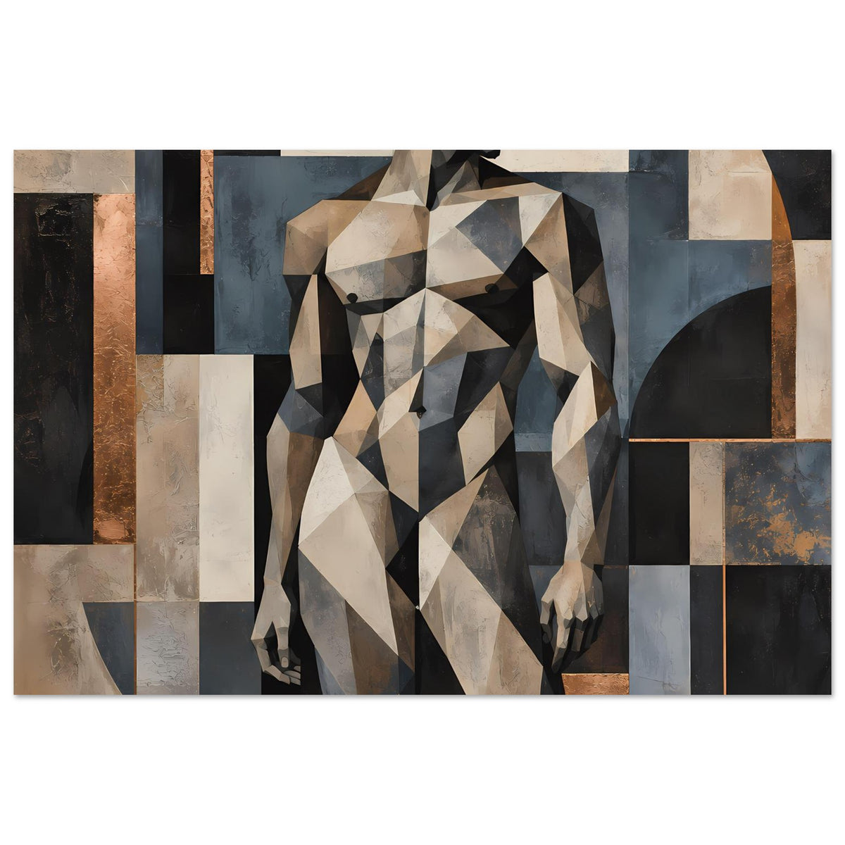 Kunstposter mit geometrischer Aktfigur, polygonale Frau in warmen Beige- und Grautönen
