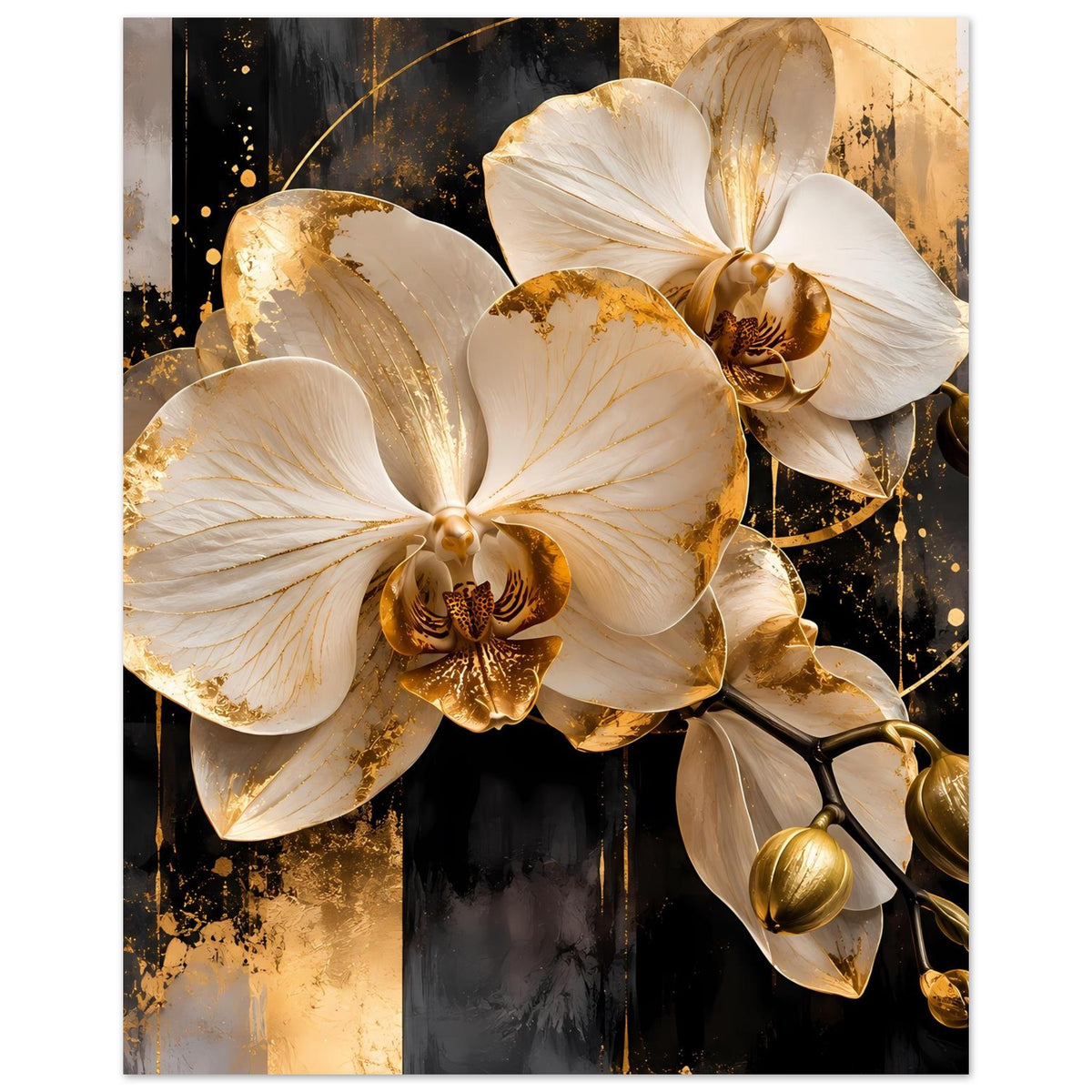 Poster mit weißen Orchideenblüten und goldfarbenen Details, modernes Blumenmotiv