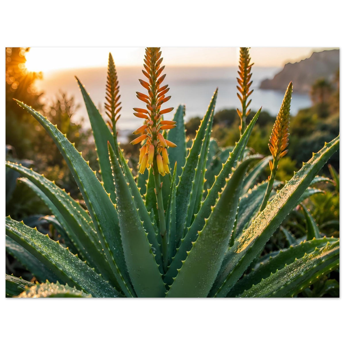 Poster mit grünen Aloe-Blättern und orangefarbenen Blütenkolben, zentriert