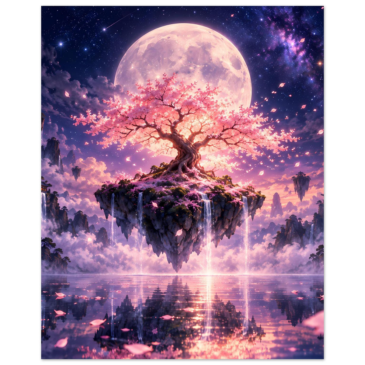 Kirschblütenbaum-Poster Hochformat: schwebende Insel, rosa Blütenbaum, Vollmond