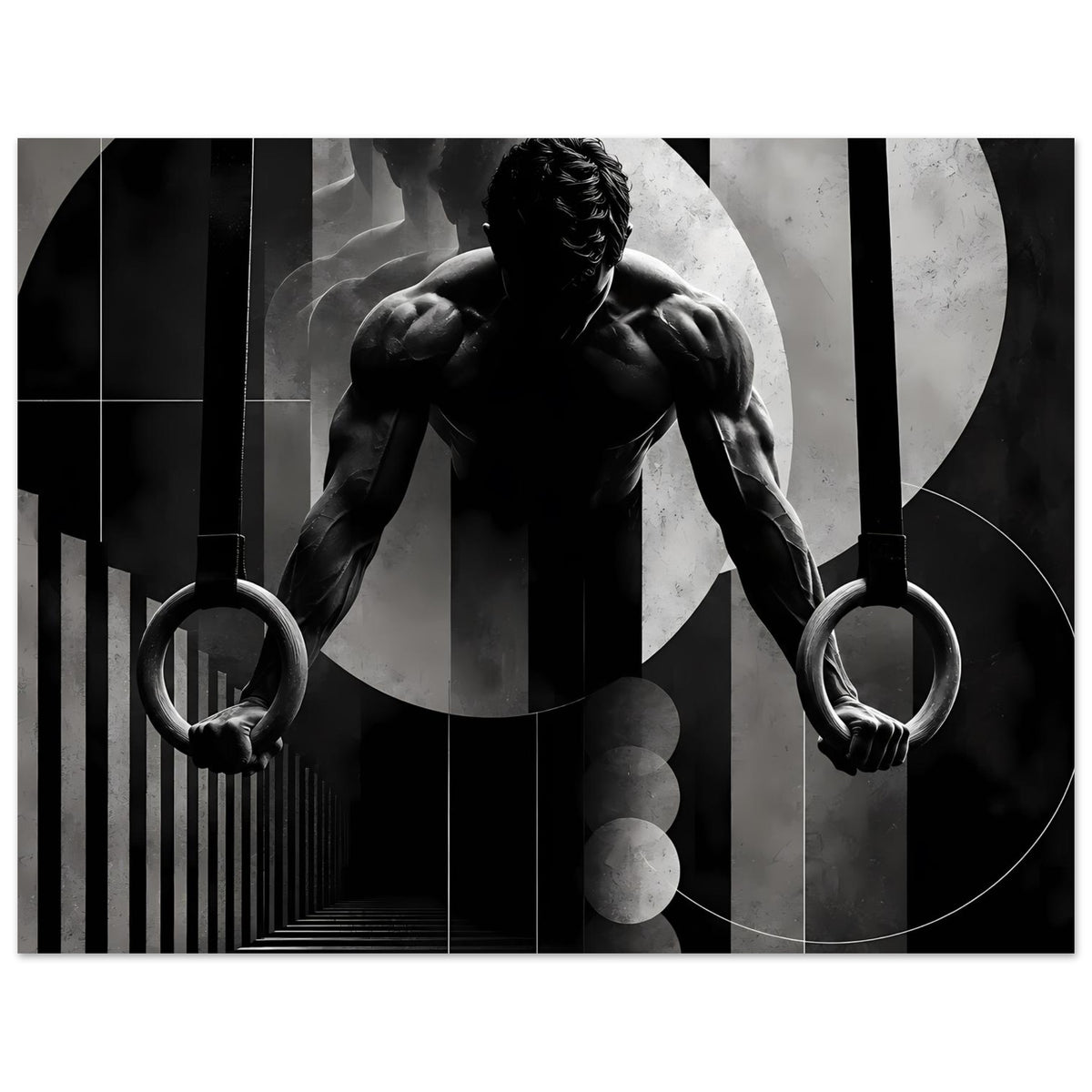Gymnastik-Poster Schwarzweiß: Turnringe in der Hand, zentraler Athletenkörper