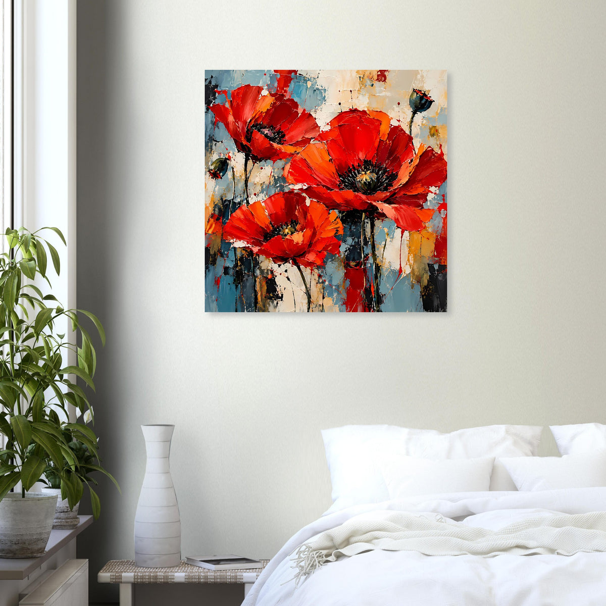 Quadratisches Poster mit roten Mohnblumen und Farbverläufen in Blau, Beige und Schwarz