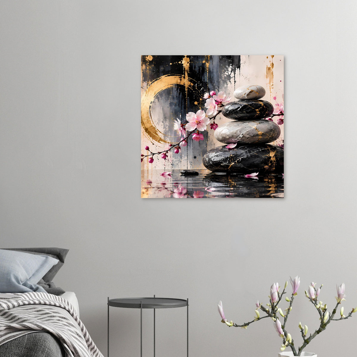 Kleines Poster mit Kirschblüten, Zen-Steinen und goldenen Akzenten auf matter Fläche