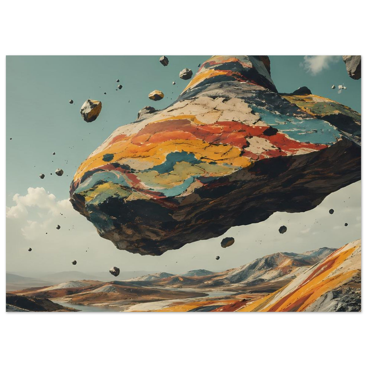 Poster mit schwebendem Felsberg in kräftigen Erdtönen, horizontal