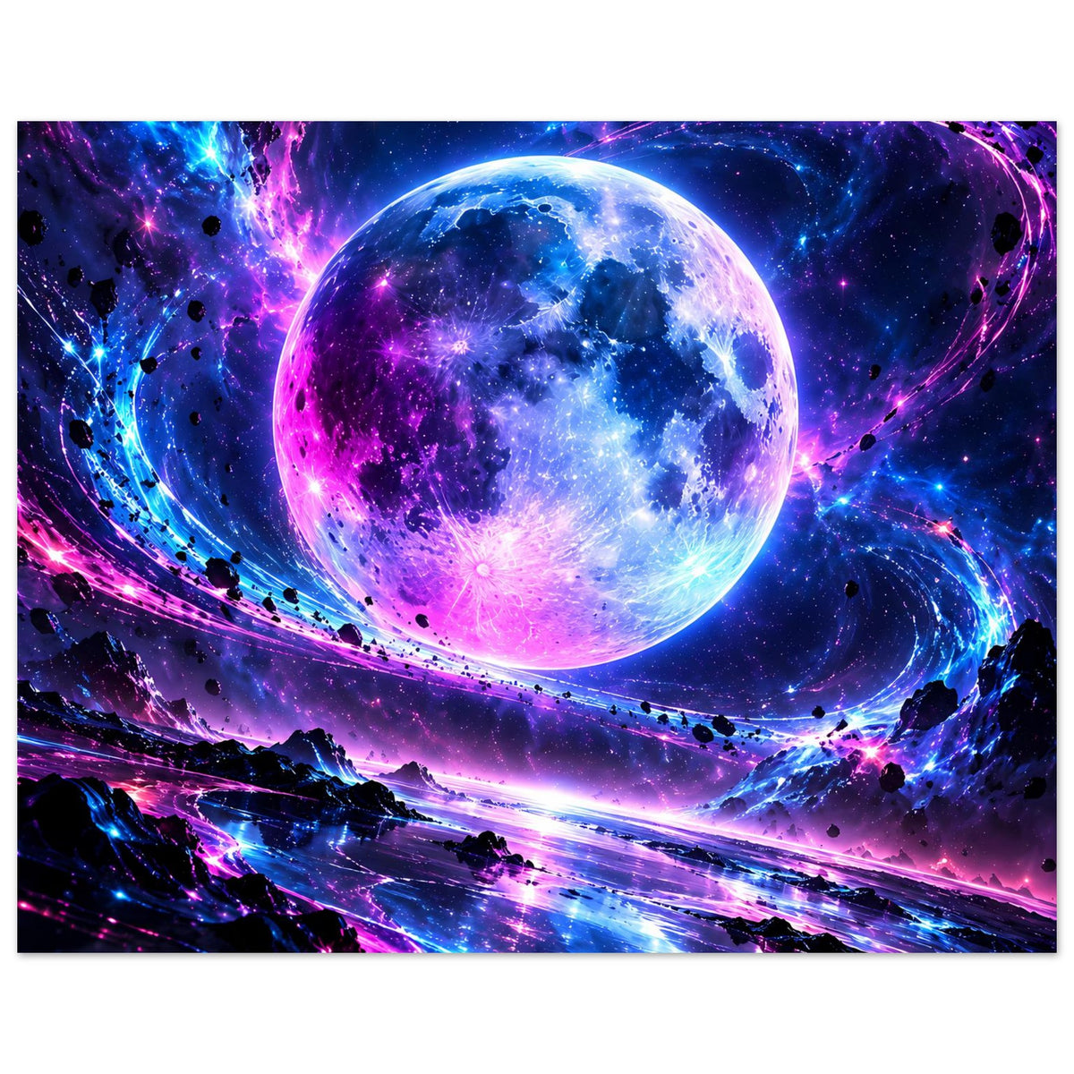 Kosmisches Galaxie-Poster mit leuchtendem Kugelplaneten, blauen Nebeln und violetten Lichtspuren