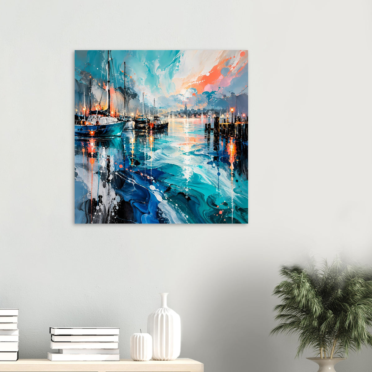 Kleines quadratisches Poster: Segelboote am Hafen, türkisblaues Wasser mit orange Reflexen