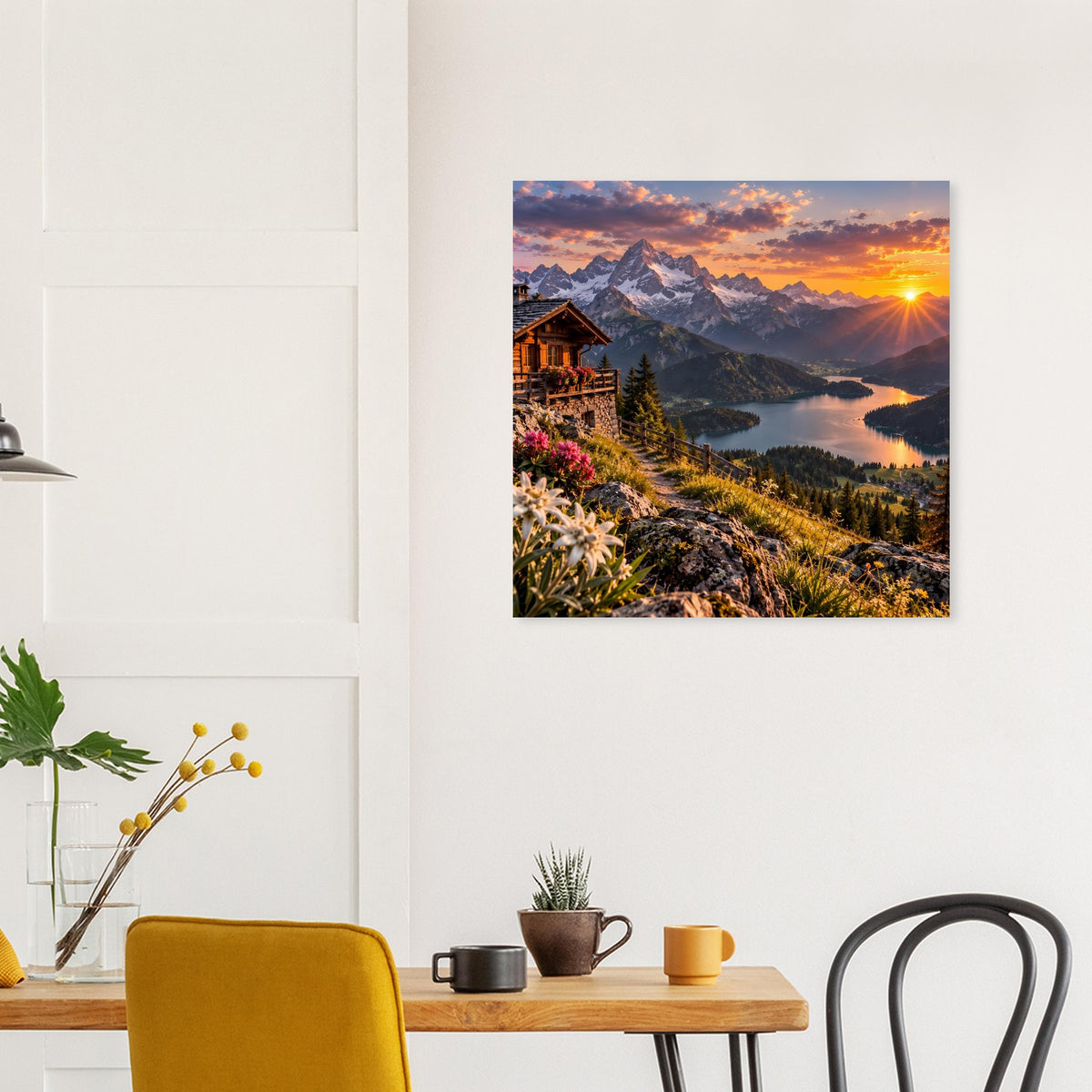 Landschaftsposter mit Bergtal und See bei Sonnenuntergang, quadratisch