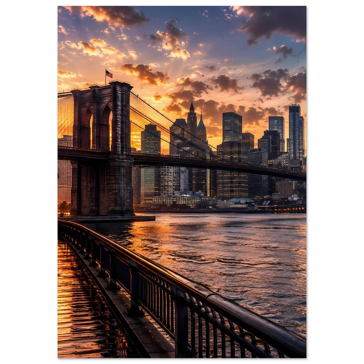 Hochformat-Poster mit Brooklyn Bridge, Skyline und Fluss bei Sonnenuntergang