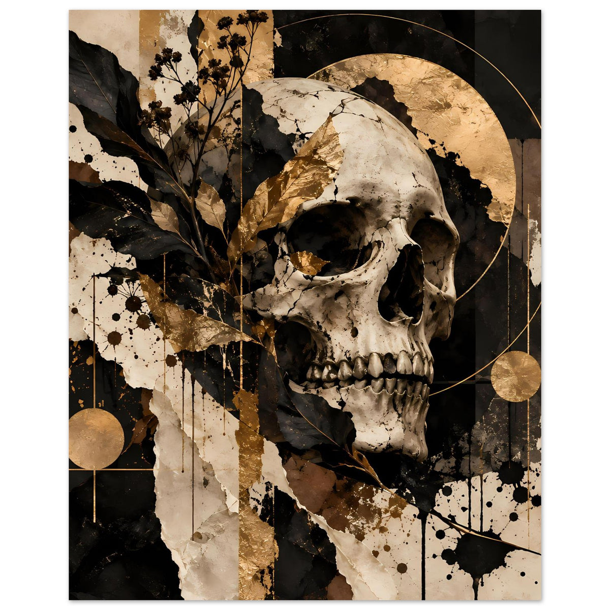 Gotisches Totenschädel-Kunstposter mit Schädelmotiv in Schwarz-Gold und geometrischen Linien