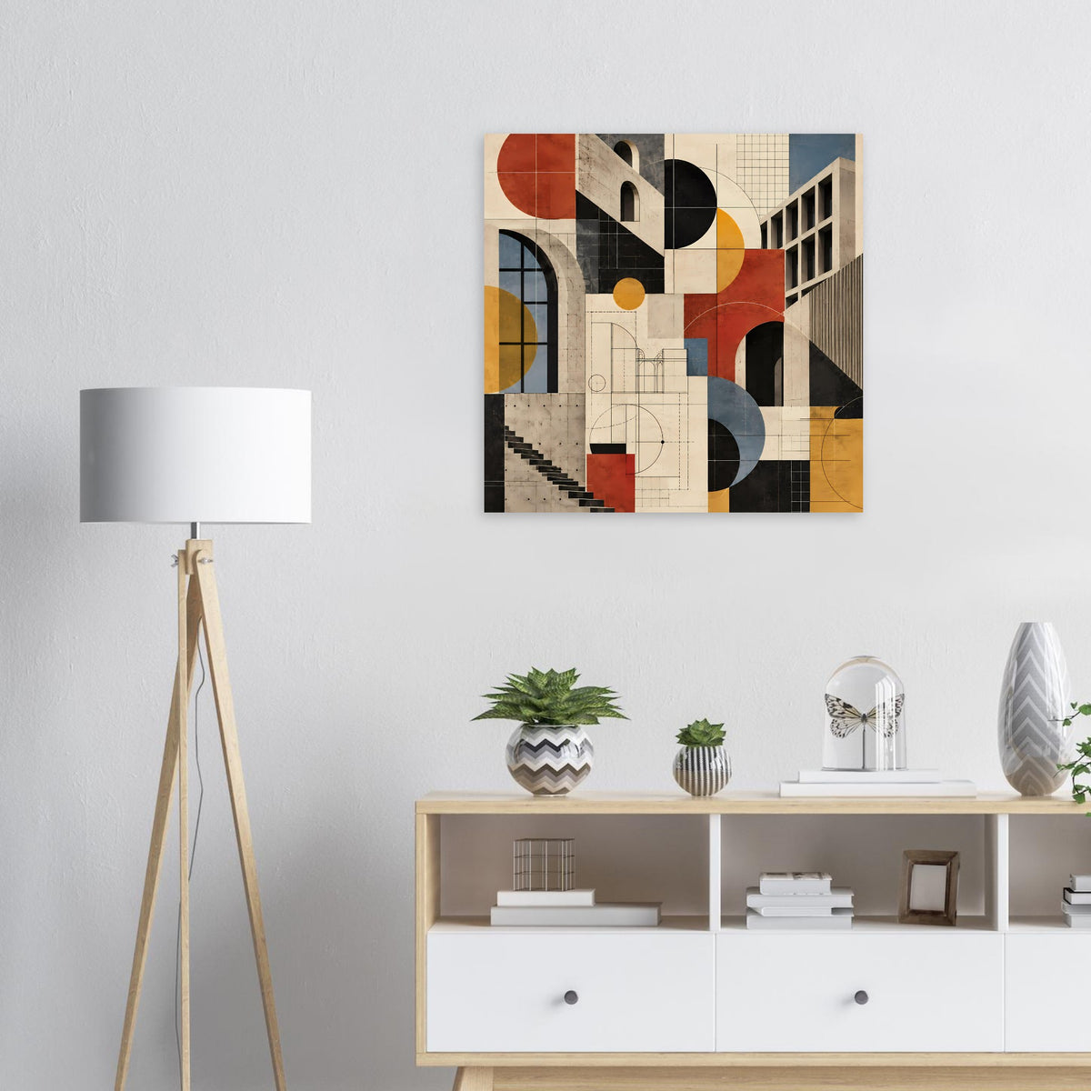 Kunstposter mit geometrischer Architektur, Terrakotta und Schieferblau auf beigem Hintergrund
