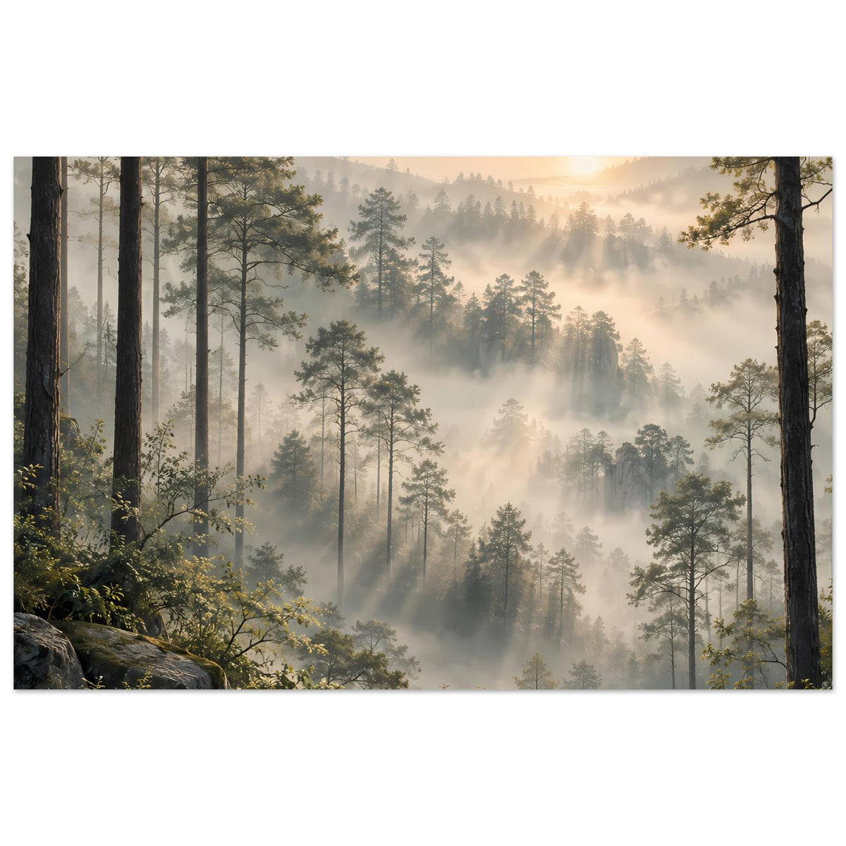 Horizontales Poster mit nebligem Wald, hohen Tannen und warmem Sonnenaufgang