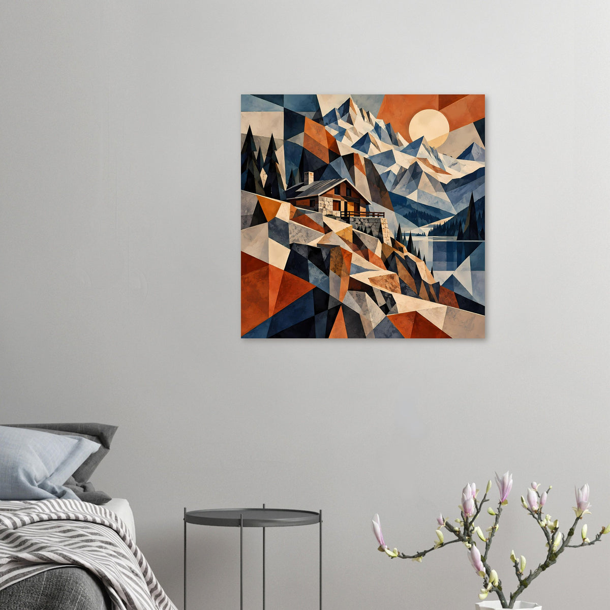 Quadratisches Poster mit geometrischer Berglandschaft, Berghaus und Dreiecksflächen in Blau