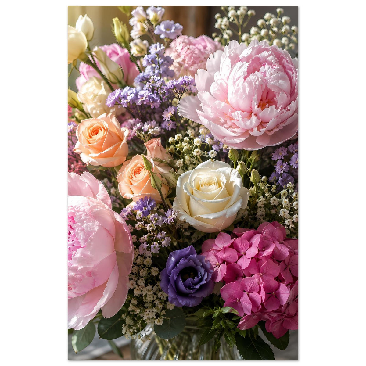 Hochformat-Poster mit Blumenstrauß in Pastell, Pfingstrosen, Hortensien und pinke Blüten