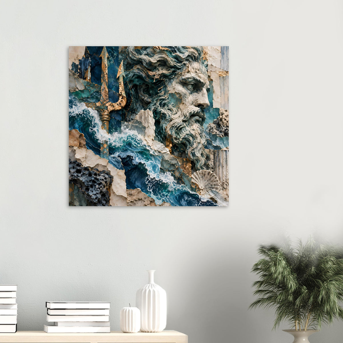 Neptun-Poster am Blickfang: antike Skulptur, Trident, Meeresschaum und Muschelmotiv