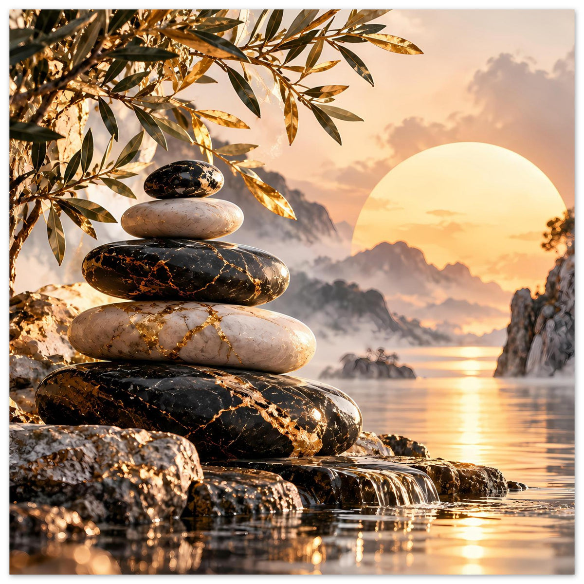 Poster mit Zen-Steinen, goldenen Blättern links oben und Sonnenuntergang mit Felsklippen