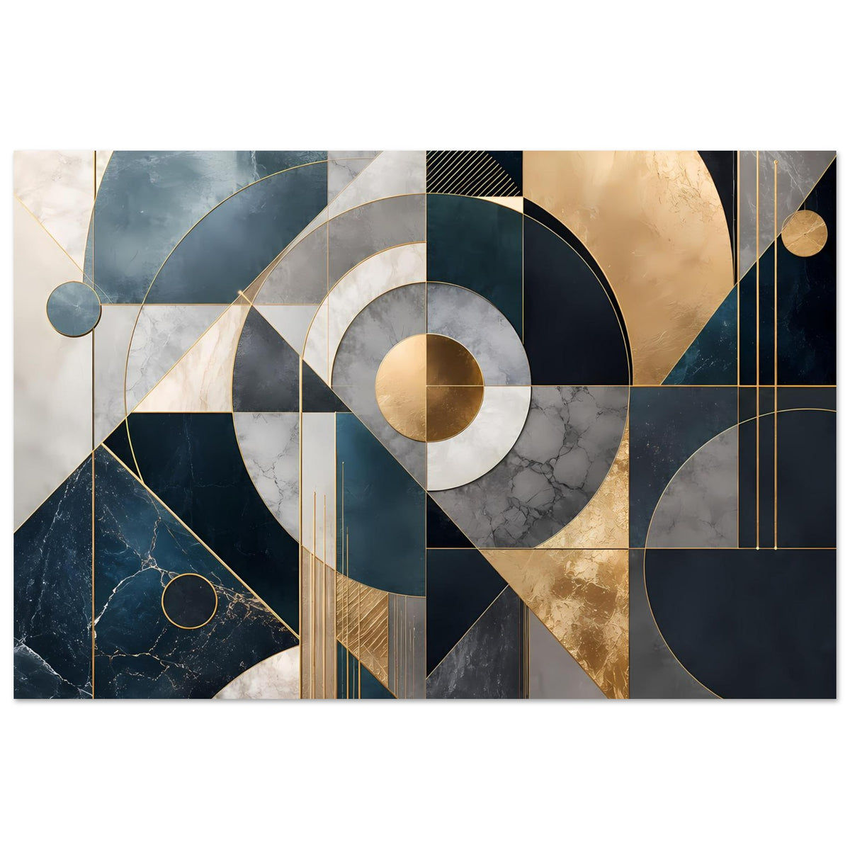 Horizontales Kunstposter mit runden Motiven, Blau- und Goldtönen sowie feinen Linien
